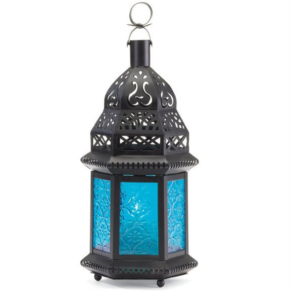 Home Decorative Azure Glass Moroccan Candle Lantern - 10 inches
