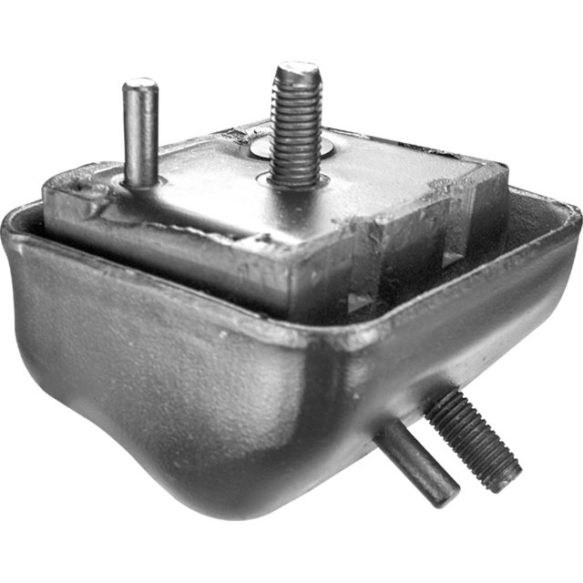 soporte motor ranger 1986 al 1992 ford 2.9l v6 izquierdo/piloto dai soporte de montaje de motor izquierdo, vista 3/4 en primer plano con base metálica oscura, almohadilla de goma cuadrada superior, perno roscado central y dos espigas de ubicación; compatible con modelos 4x4, 1 pieza, nuevo.