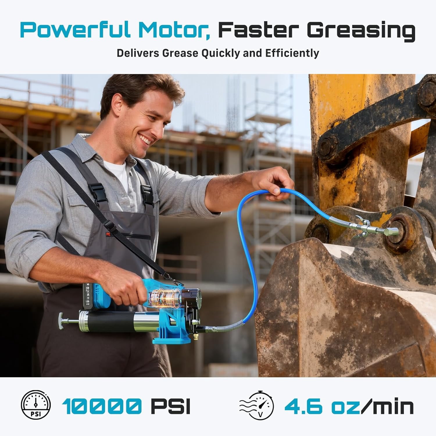 Seesii Cordless Electric Grease Gun Kit 10000PSI 4.6 oz/min Battery Powered Grease Gun with 2 Batteries, 39.4" Flexible Hose, 90 Degree Coupler, 3 Tips for Greasing