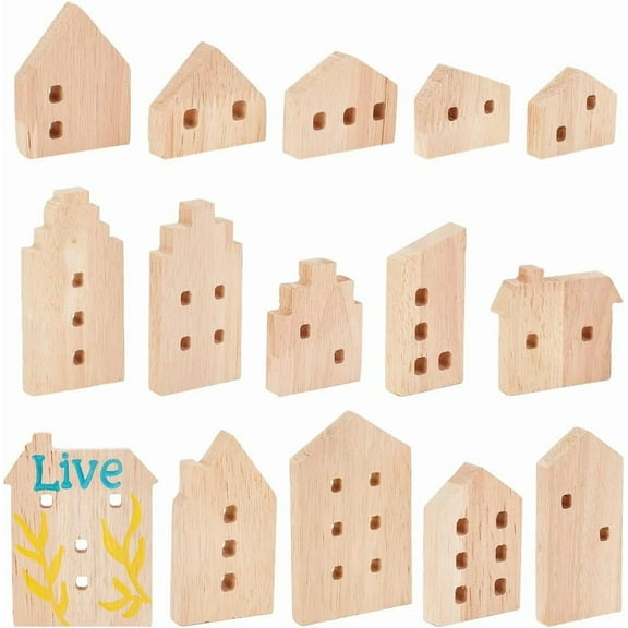 15Pcs Unfinished Wooden House Shaped Blocks House Blank Wooden Cutouts Wooden Blocks with Hole Wooden Display Decoration Pieces for Home Kitchen Office Shelf Coffee Bar Decor -15 Styles for DIY