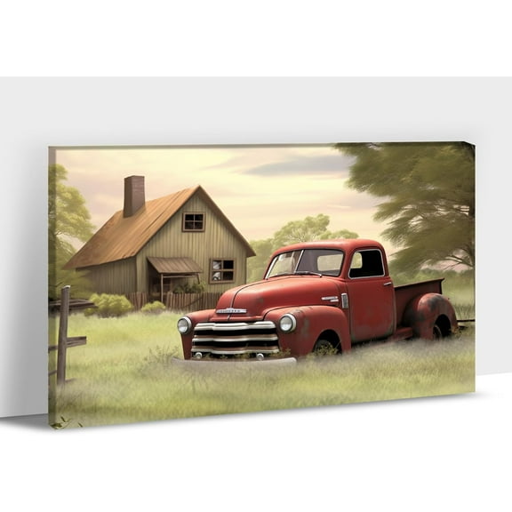 Aaheei Farmhouse Truck Wall Ar, Old Truck Canvas Prints, Barn Picture Wall Art for Rustic Home Decor, Rustic Landscape Canvas Painting, Red Car Posters Artwork for Country Wall Decor