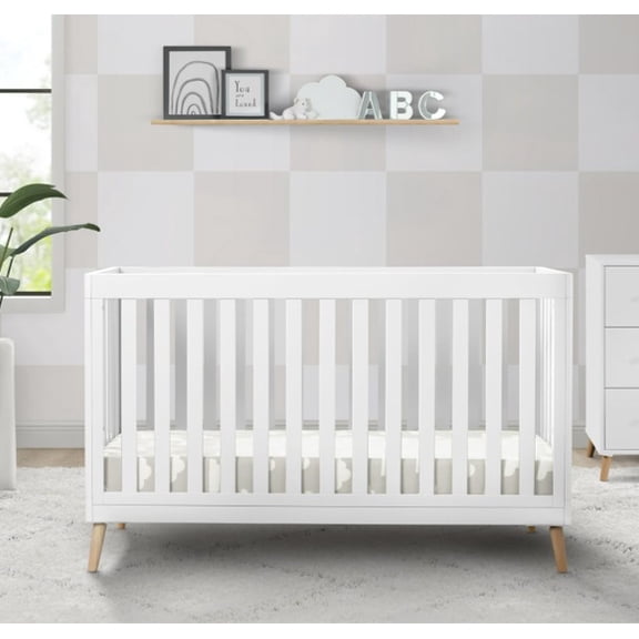 Delta Children Essex 4-in-1 Convertible Baby Crib, Bianca White/Natural Legs