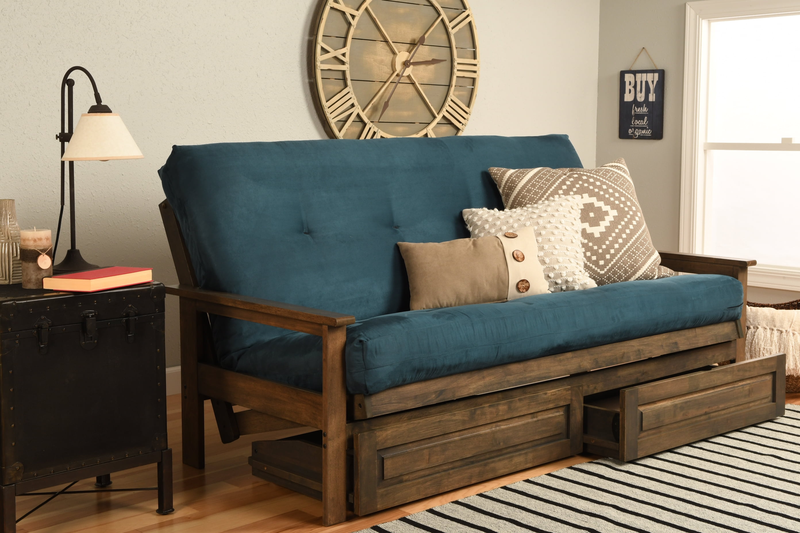 Albany Futon with storage in Rustic Walnut Finish, Multiple Colors