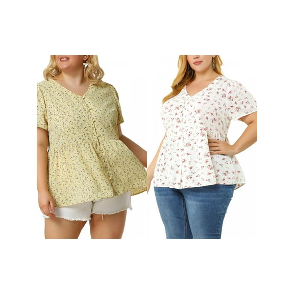 NOMADIC NOOK Women's Plus Size 2 Pieces Floral Blouse Summer Ruffle Hem V Neck Short Sleeve Casual Peplum Top with Buttons 1X White/Yellow