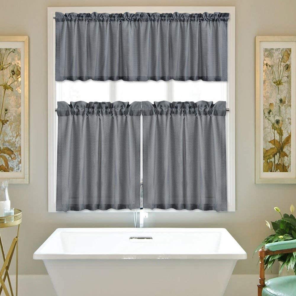 3 Pcs Kitchen Window Curtains Valance Waffle Weave Fabric Rod Pocket ...