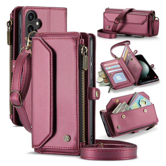 for Samsung Galaxy S25 Plus Rugged Case, Classic PU Leather Shoulder Strap Wrist Strap Zipper Pocket RFID Blocking Wireless Charging Kickstand Case Cover for Samsung Galaxy S25 Plus, Winered