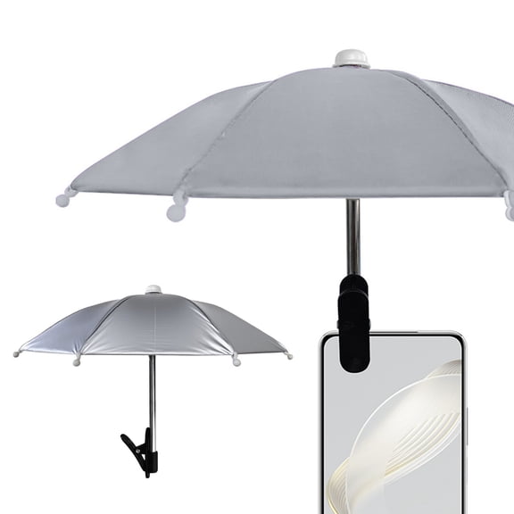 FastXmas Clip On Phone Umbrella for Sun Shade - Universal Cute Umbrella with Clip, Outdoor Anti-reflective Glare Blocking Cell Phone Sun Shade,Silver