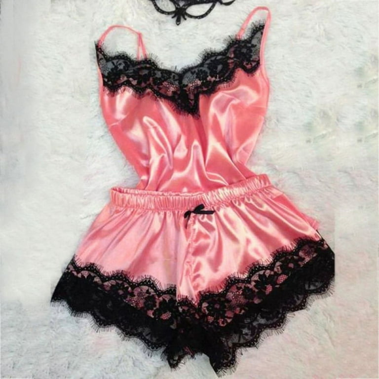 Wisremt Women s Sleepwear Satin Pajama Set Black Lace V Neck