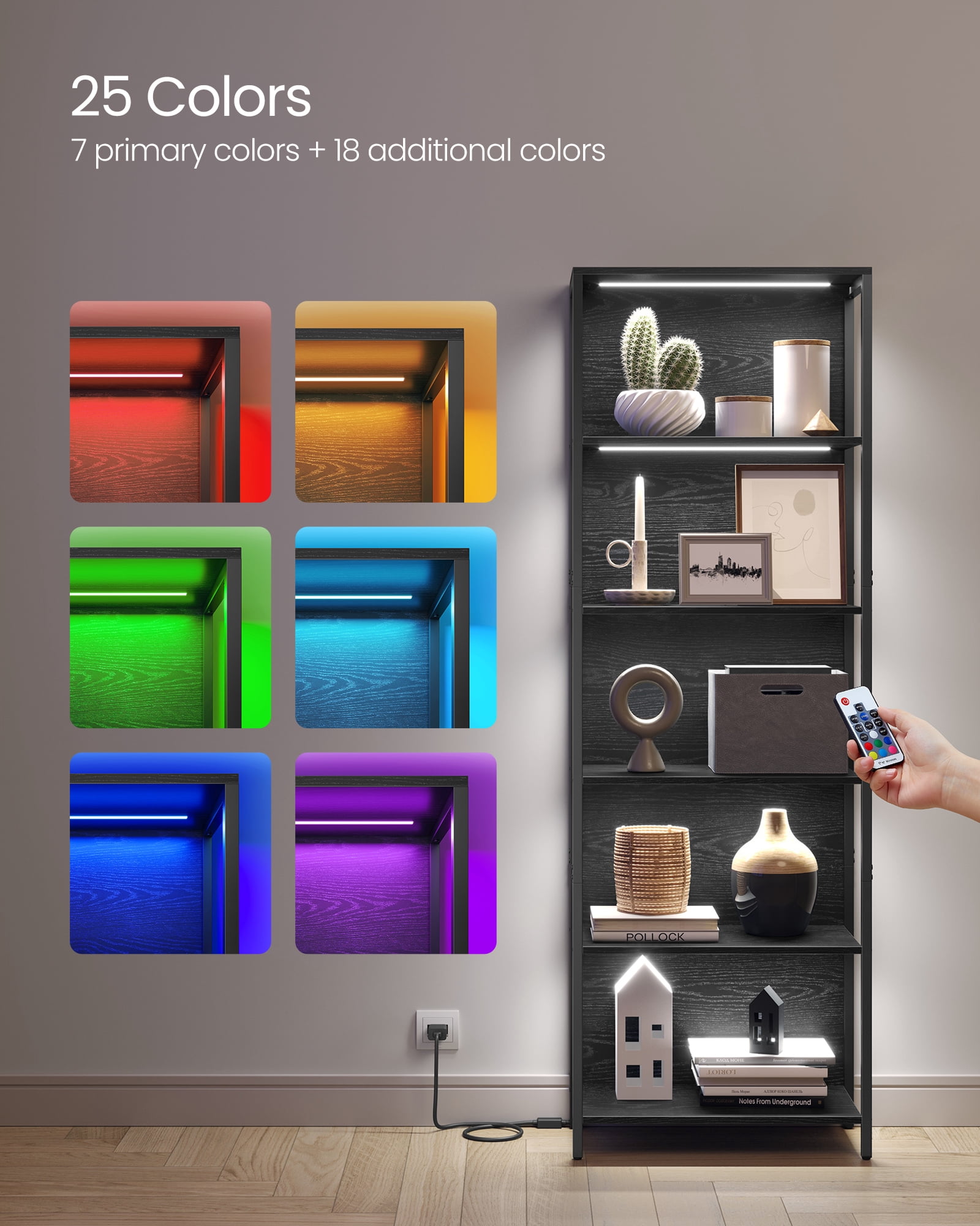 6-Tier LED Bookshelf, Display Shelf with Dimmable Lights, LED Bookcase with Steel Frame, 11.9 x 23.6 x 70.3 Inches, Black with Wood Grain