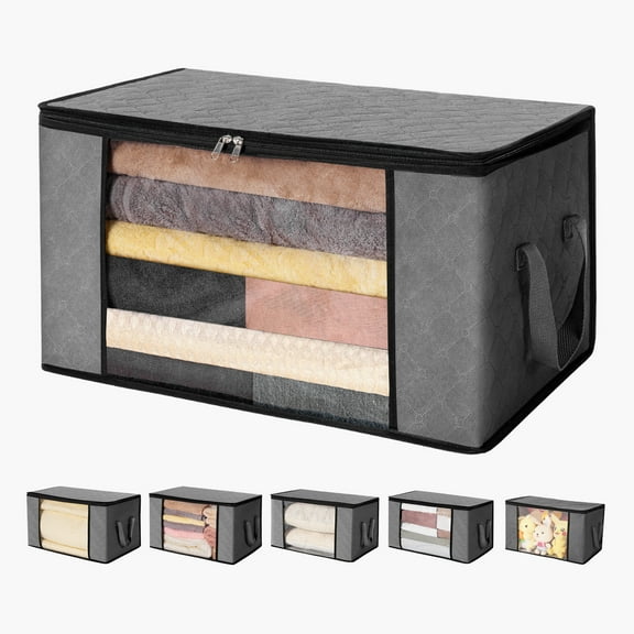 KFFKFF 60L Spacious Storage Sacks, Set of 6 Garment Storage Bins, Collapsible Wardrobe Organizer Bins with Handles, Non-woven Material Storage Sack for Apparel, Quilt, Duvet, Bed Linen (Grey)