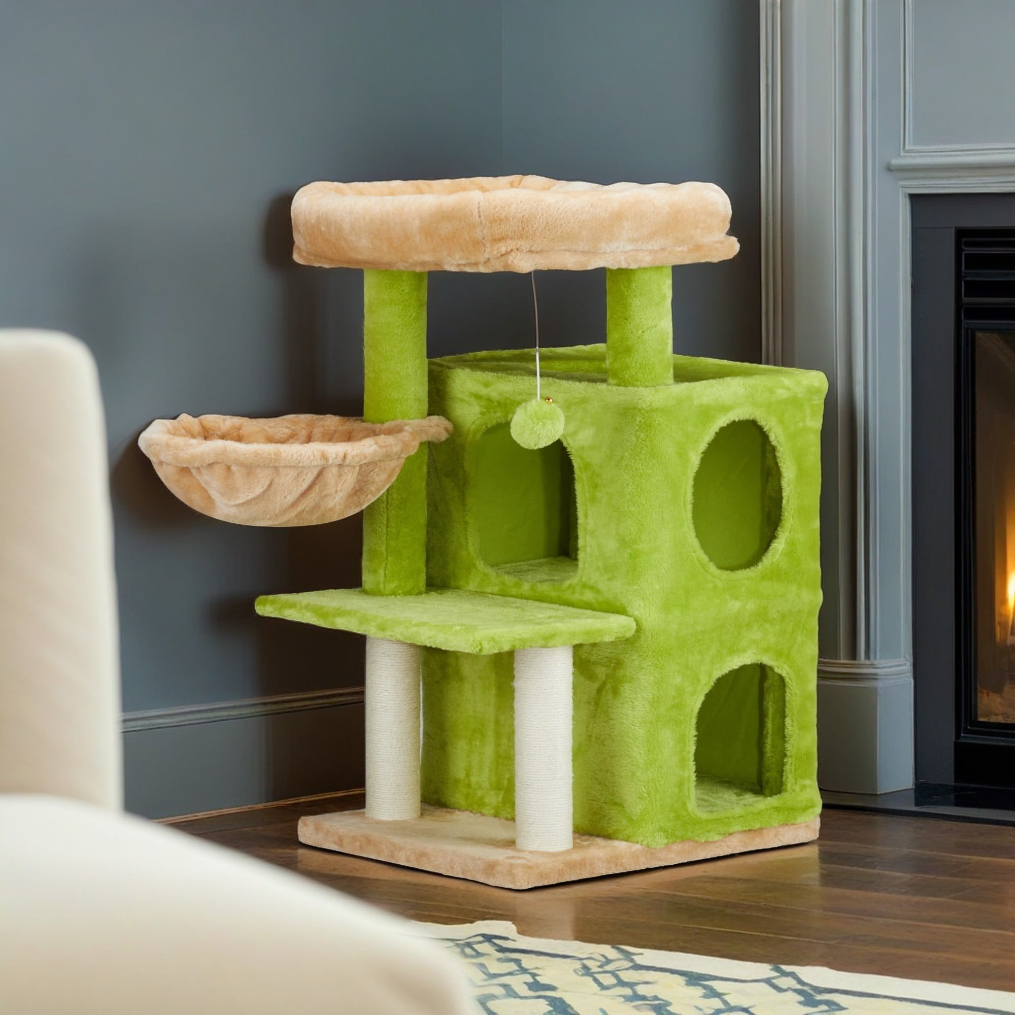 Kadyn 33" Cat Tree Tower for Indoor Cats, Cat Tree House with Large Padded Perch, Hammock, 2-Tiered Condo, Scratching Posts and Dangling Ball, Green