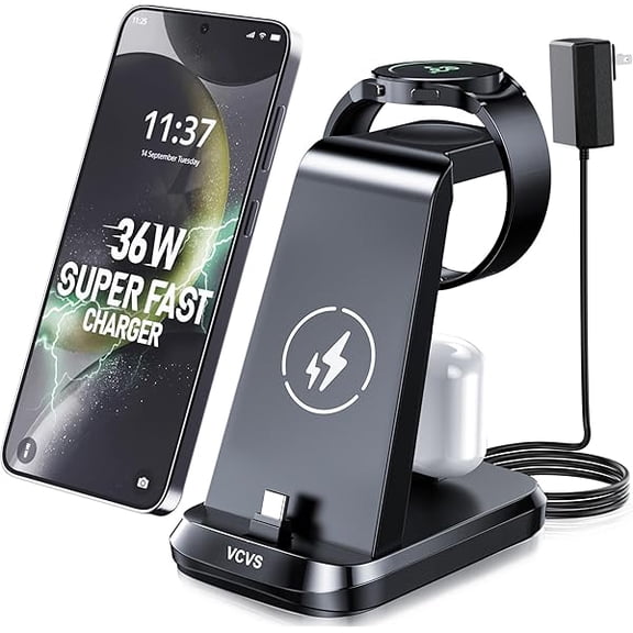 3 in 1 Charging Station for Samsung Devices, 36W Super Fast Charger Via USB C, Galaxy Watch Charger for Samsung Galaxy Watch Ultra/7/6/5/4/3, Galaxy S24/S23/S22/S21/Note20/Z Flip 5/Fold 5, Buds2/Pro