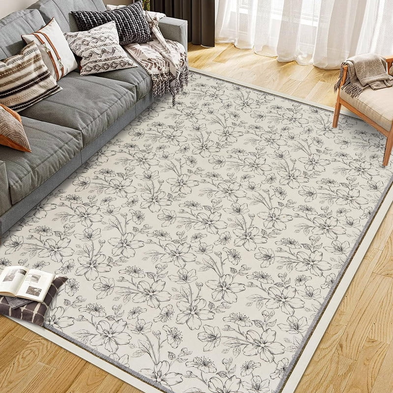 9'x12' Area Rugs Boho Floral Bedroom Washable Low Pile Non Slip Indoor Carpet for Nursery Playroom Living Room Beige