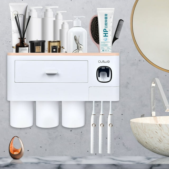 Wall Mounted Toothbrush Holder for Bathroom, Automatic Toothpaste Dispenser Kit with Magnetic Cups Kids & Family Set Toothbrush Holders, Storage Rack & Easy Install, Durable Space-Saving,Blue