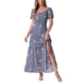 thumbnail image 1 of INSPIRAR CHIC Vestido Maxi Boho de Playa con Cuello Cuadrado Fruncido y Volantes de Patrón Floral para Mujeres en Gris Azul, 1 of 6