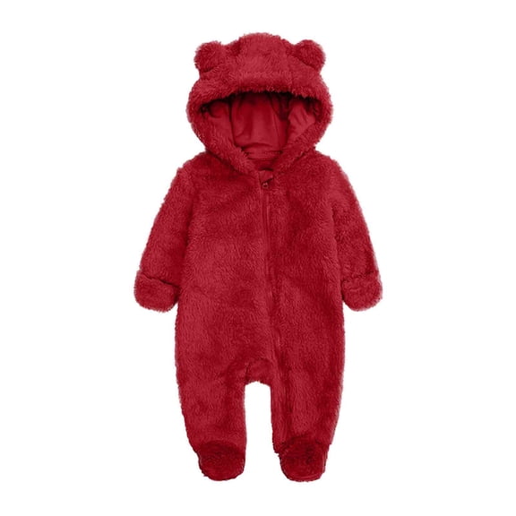 Staki Baby Fleece Snowsuit Cute Bear Romper Newborn Winter Jumpsuit Warm Coat with Footies 0-12M(Red,6-9 Months)