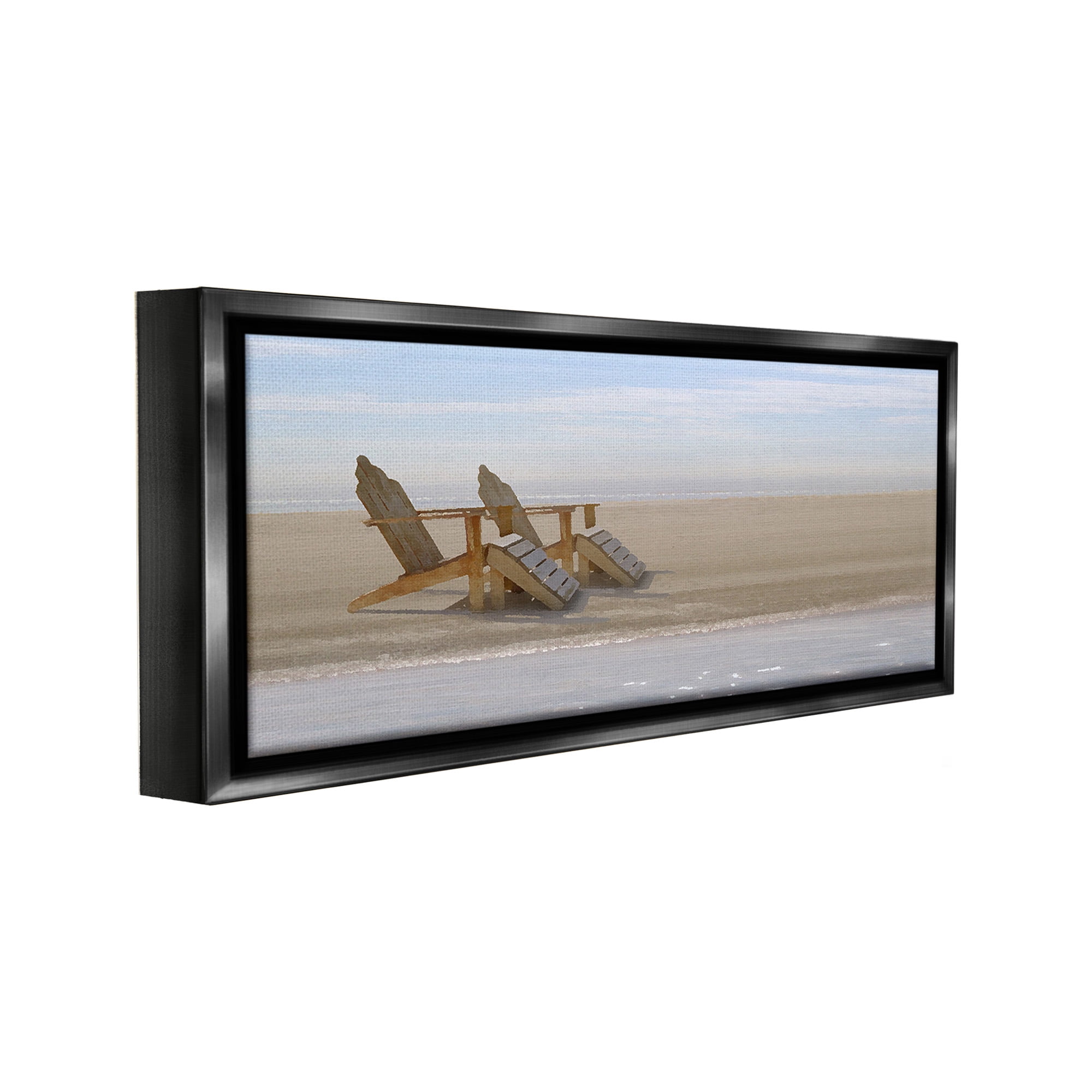 Stupell Industries Beach Chairs by Shore Landscape Photography Black Floater Framed Canvas Art Print Wall Art, 31 x 14