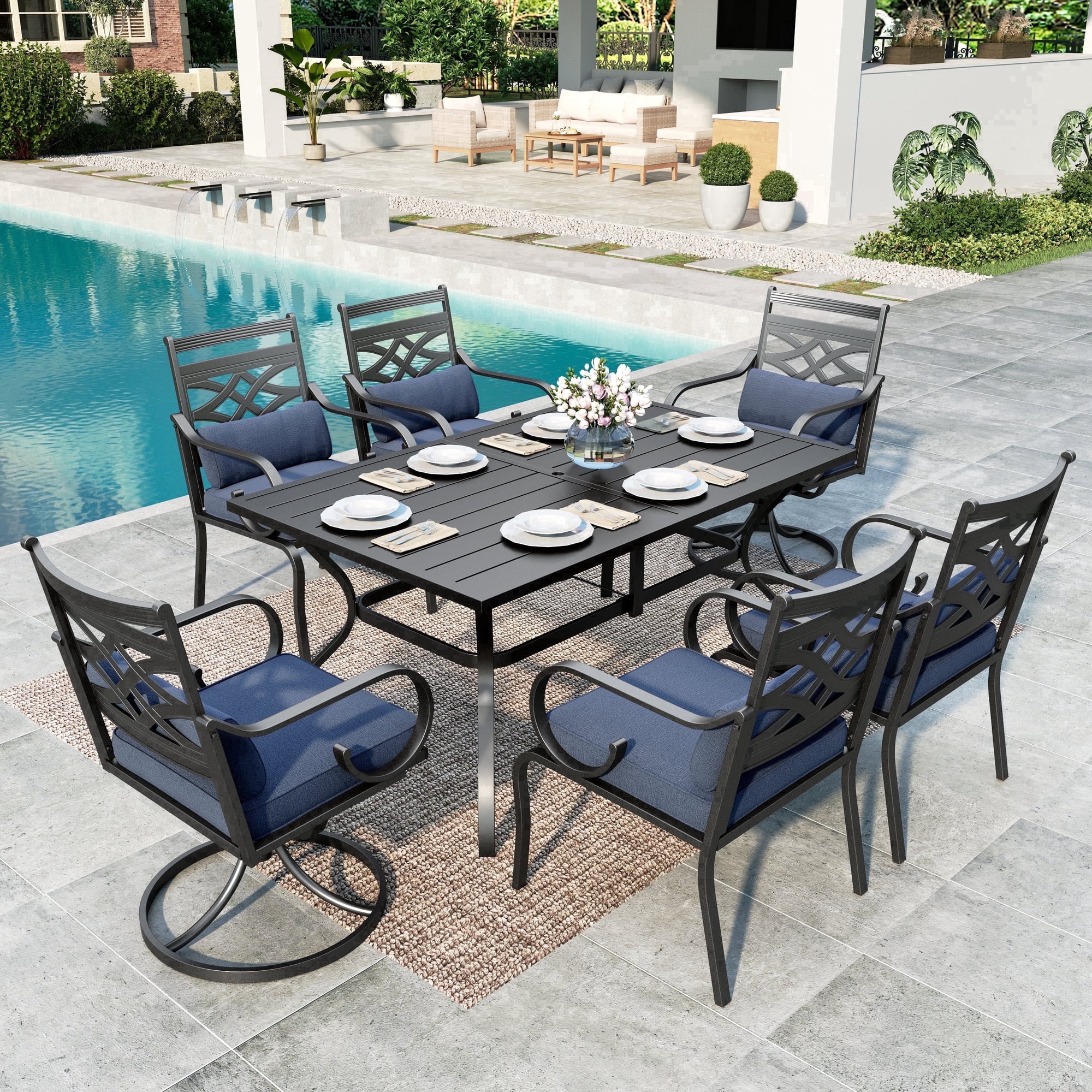 SUMMIT LIVING 7-Piece Outdoor Patio Dining Set with Cushioned Swivel Chairs & Metal Steel Table with Umbrella Hole, Black & Blue