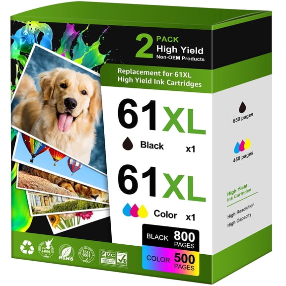 61XL Ink Cartridges Compatible for 61 Ink Cartridge for Printer Ink 61 for Deskjet 2541 OfficeJet 4630 Envy 4500 Printer (2-Pack)