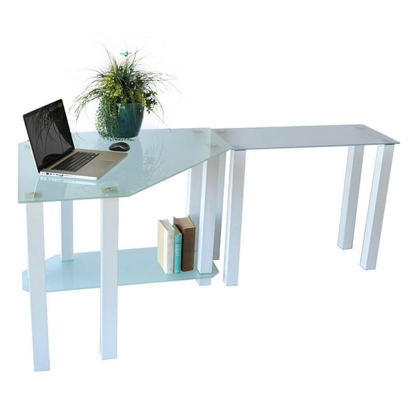 RTA Home & Office  Frosted Tempered Glass Gloss White Corner Computer Desk with Modular Right Extention Table