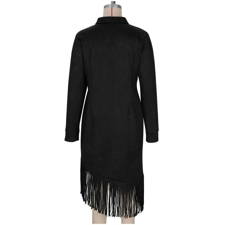 SuTry Women's Solid Color Long Sleeve Lapel Dress Fall Winter Tassel Zipper  Western Cowboy Style Fashion Dresses for Women(Black,3XL)