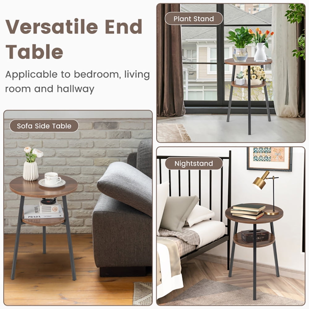 Finihen End Table, 2-Tier Round End Table with Open Shelf and Triangular Metal Frame, Sofa Side Table, Bed Side Table, for Living Room, Bedroom, Walnut Finihen End Table, 2-Tier Round End Table with Open Shelf and Triangular Metal Frame, Sofa Side Table, Bed Side Table, for Living Room, Bedroom, Walnut