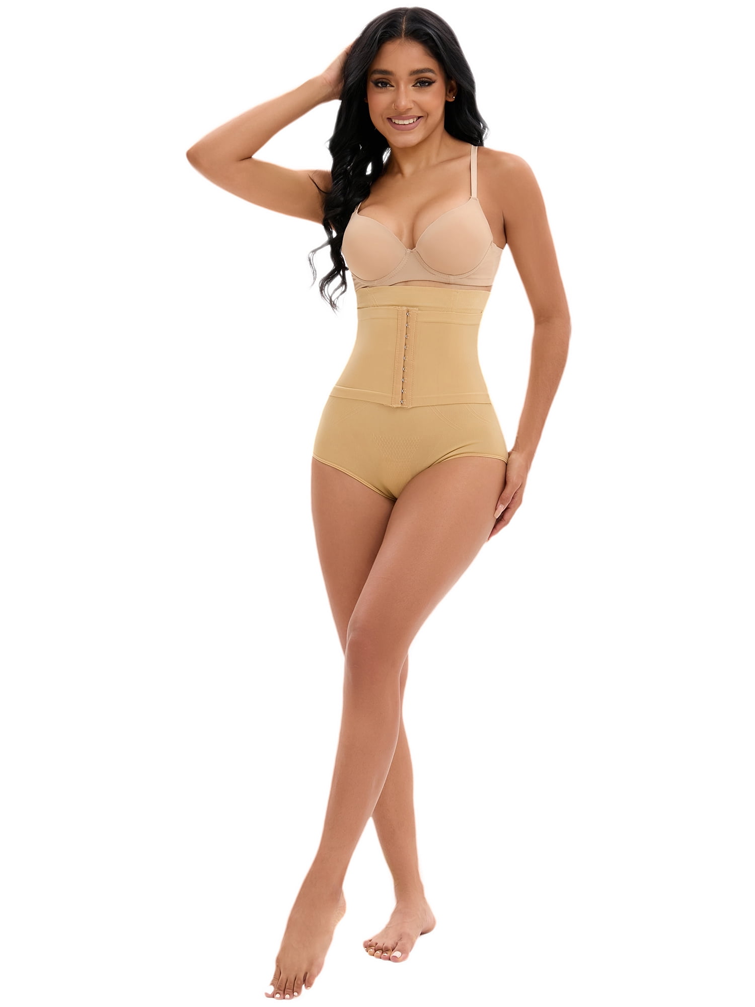 Unique Bargains Women's Front Hook Closure Briefs High Waist Shaperwear Panties L Beige