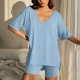 thumbnail image 2 of CheerKidz Two Piece Sets for Women 2025 Summer Short Matching Home Tops Elastic Waist Shorts Set Casual Loose V Neck Beach Vacation Travel Outfits(Sky Blue,XL), 2 of 7
