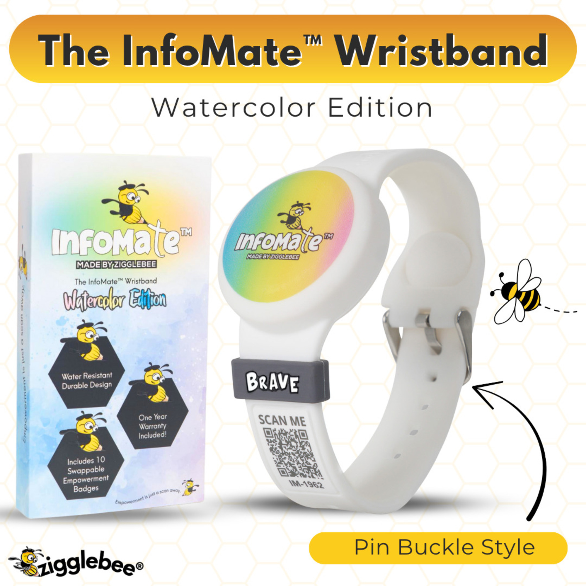 InfoMate by Zigglebee QR Code Medical Bracelet and AirTag Holder Wristband, Pure White, Pin Buckle