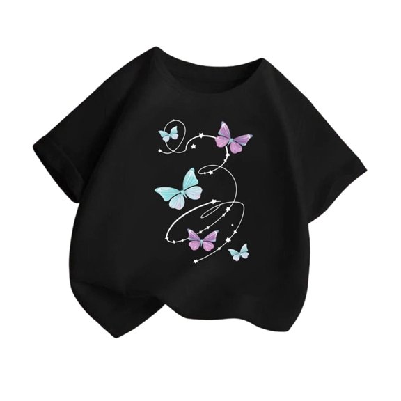 Ruiwill Girls Tops Butterfly Print Short Sleeve Crew Neck Summer Girls T-Shirts,Size 2-14 Years