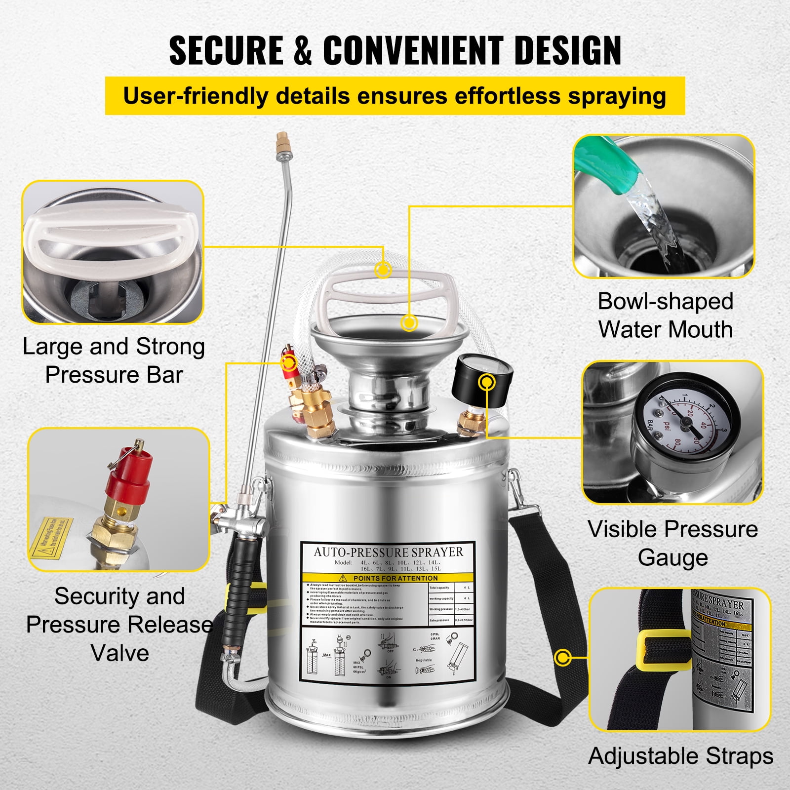 KFFKFF 1G Stainless Steel Sprayer, Full Set with 12" wand& handle& 3.3" Reinforced Hose, Hand Pump Sprayer with Pressure Gauge&Safety Valve, Adjustable Nozzle Suitable for Gardening and Sanitizing