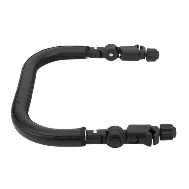 Baby Stroller Bumper Bars, a universal stroller tray made of PU leather, designed for rhombic, rectangle, quadrate, and oval tubes. Features include adjustable angle buttons, a zipper for easy cleaning, and a shockproof, waterproof, and anti-friction build. Suitable for children aged 0-4 years. Dimensions are approximately 39 x 34 cm.