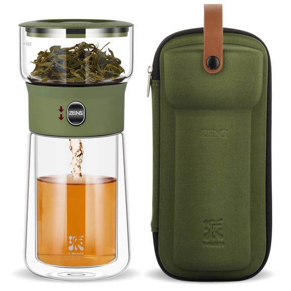 ZENS Modern Glass Infuser Teapot, Smart One Touch Tea Maker for Loose Tea Diffusers with Insulated Mug and Portable Case
