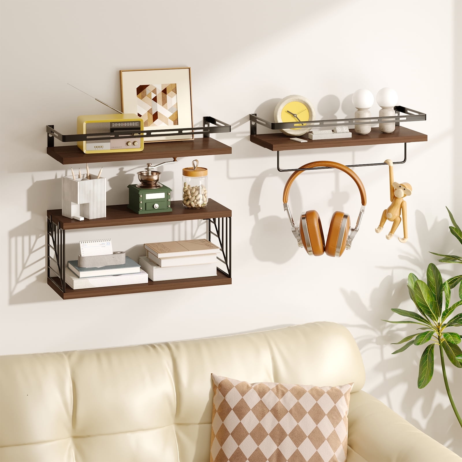 Fairy 4pcs Bathroom Floating Shelves Over Toilet, Wall Shelves with Towel Bar for Bathroom, Living Room (Dark Brown)