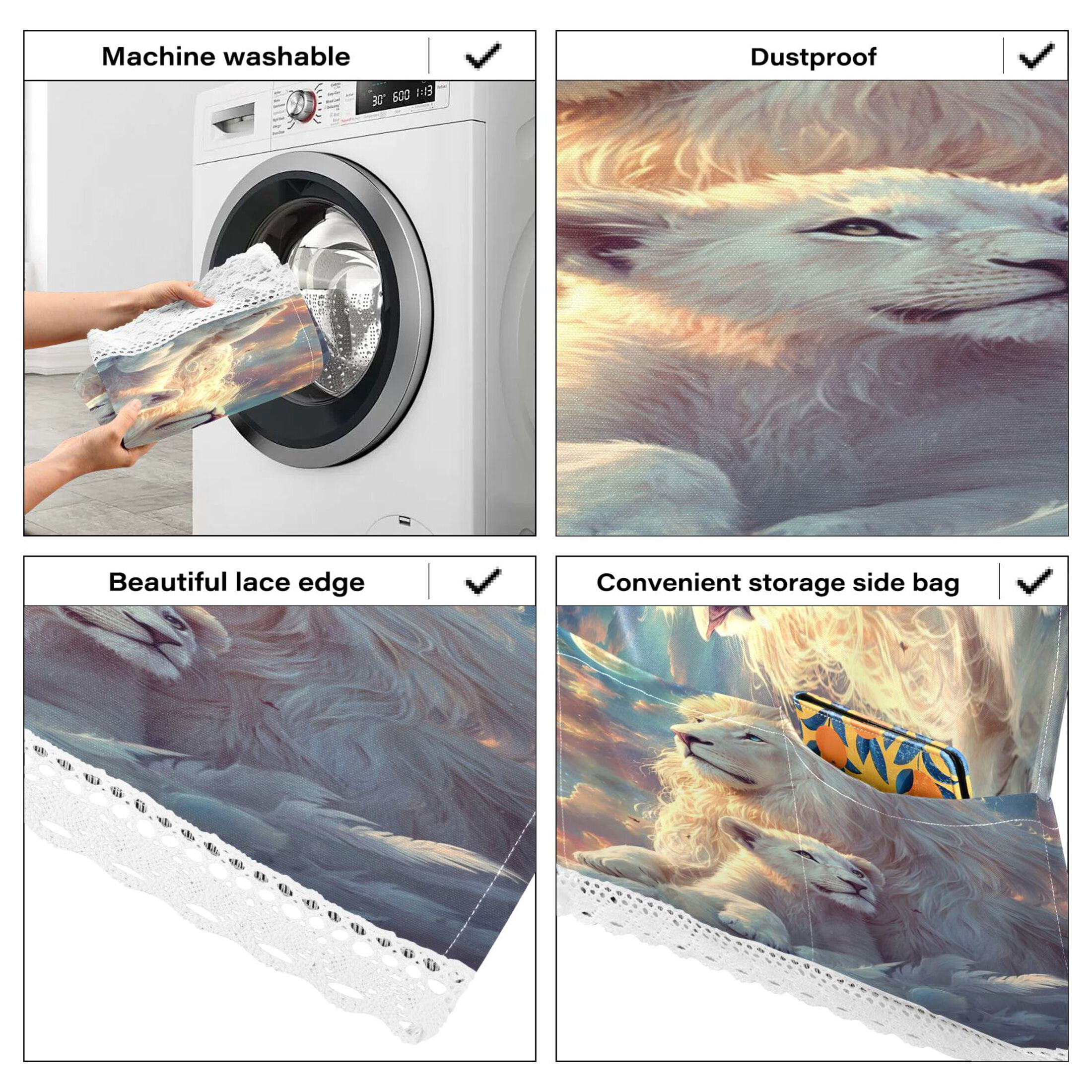 Washing Machine Cover 51.2x22in, Durable Polyester Dust Cover with Lace Trim and Side Pocket for Appliances White Maned Lions
