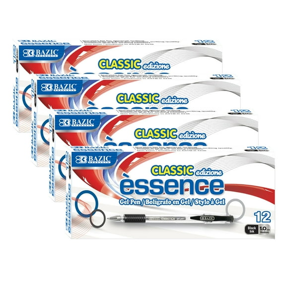 BAZIC Essence Gel Pen, Medium Point 1.0mm Black Pen, Comfort Grip, 12 Count, 4-Packs
