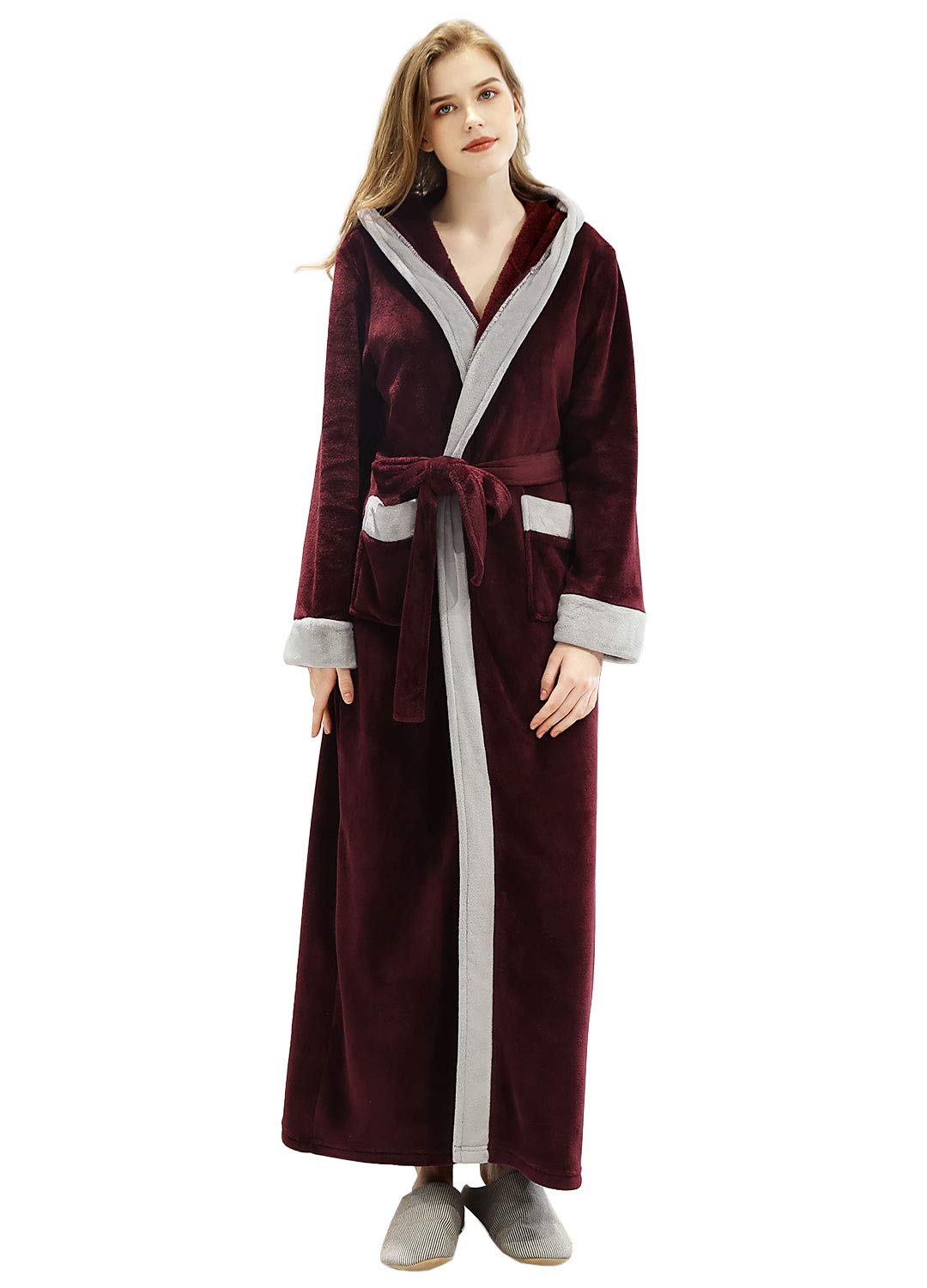 FOLUNSI Womens Long Robe with Hooded Full Length Soft Plush Ladies