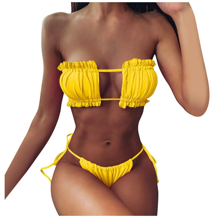 PMUYBHF Female Push up Bikini Tops for Women Small Bust Women's Deep V Neck  Solid Color Swimsuits Ruffled Mesh Bathing Suit Yellow S 