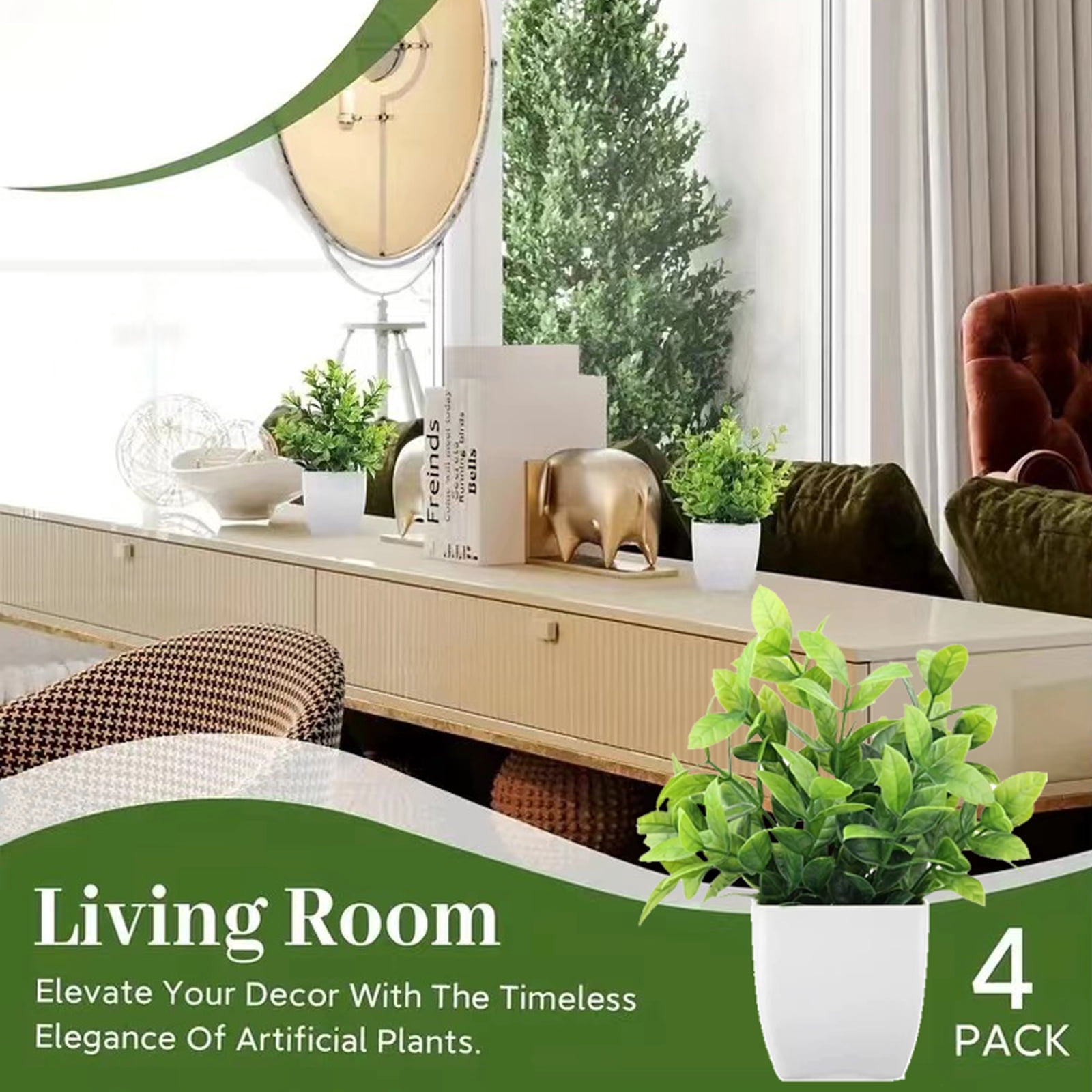 Yuphony 4Packs Fake Plant Mini Artificial Green Plant Simulation lavender Eucalyptus Potted Plant in White Pot for Office Bedroom Bathroom Living Home Room Decoration