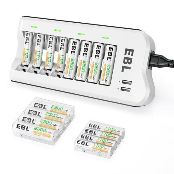 EBL Rechargeable AA Batteries 2300mAh (8 Pack)   AAA Batteries 1100mAh (8 Pack) with 808U Battery Charger with 2 USB Charging Ports