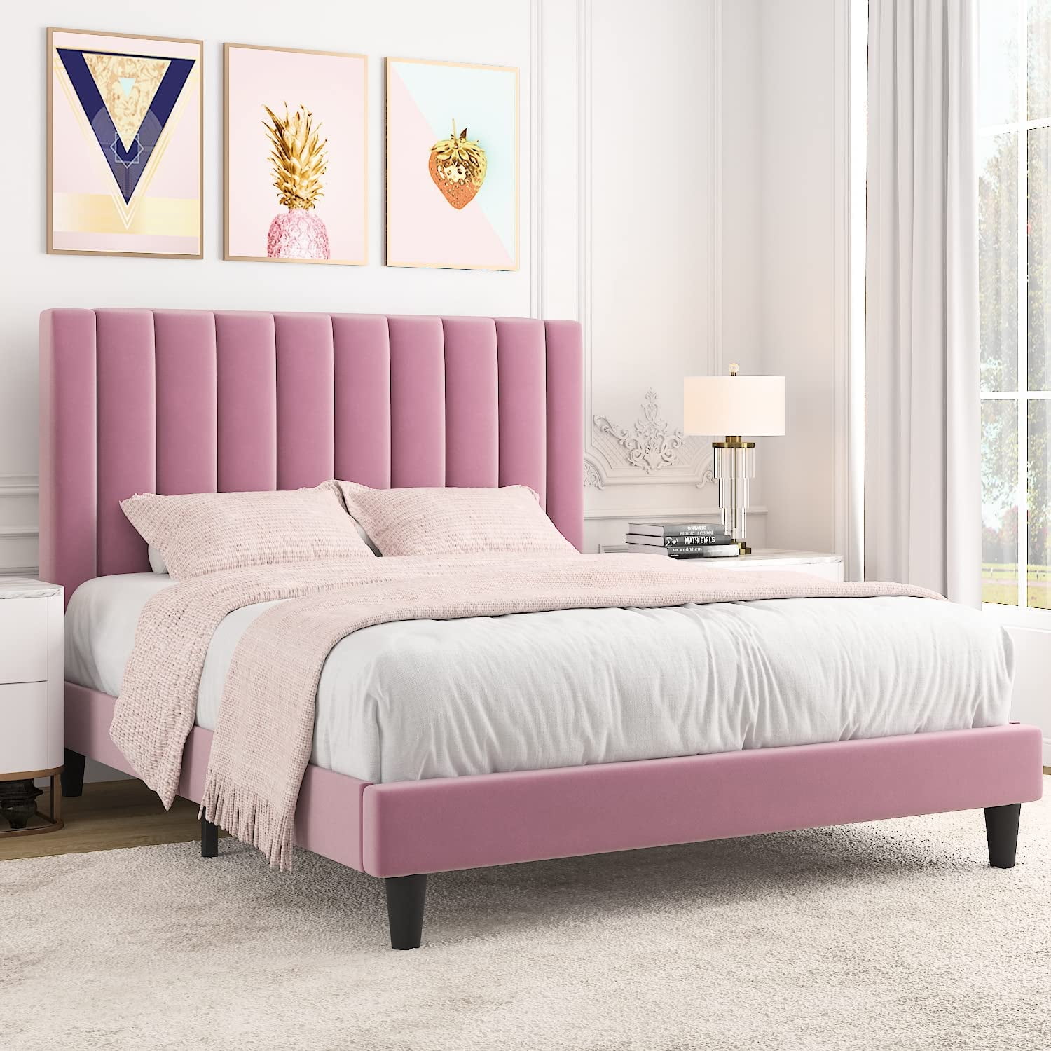 Allewie Full Size Velvet Upholstered Bed Frame with Vertical Channel