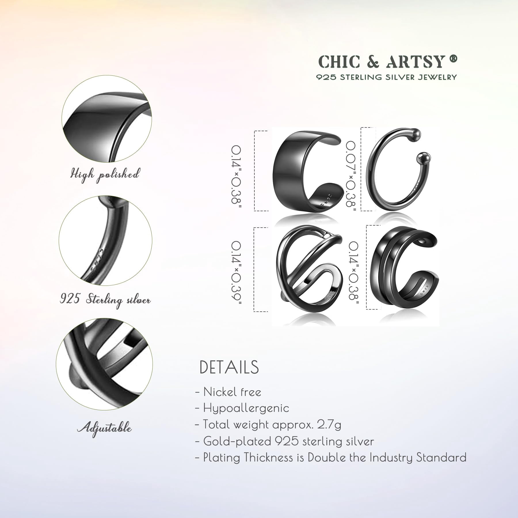 Chic & Artsy Ear Cuffs 925 Sterling Silver Black Ear Cuffs Set Fake Ear Cuffs Non Piercing Ear Conch Clip on Cartilage Earrings for Women Men | 4 Various Styles