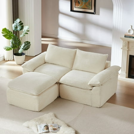 80 Convertible 3-Seat Lounge Sofa Indoor Modern Corduroy Upholstered Sectional Cloud Couch Sleeper Bed for Living Room Apartment Office White