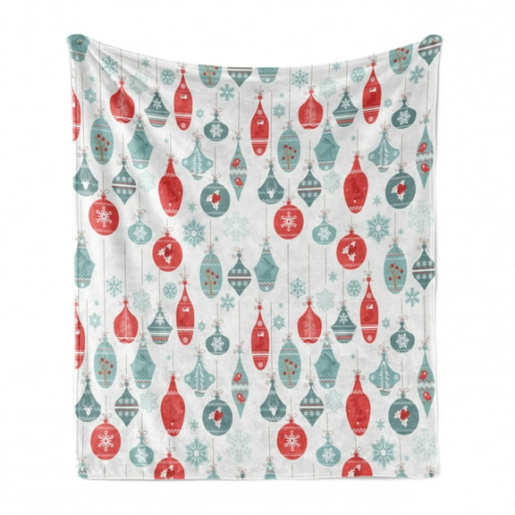 Christmas Soft Flannel Fleece Throw Blanket, Vintage Textured Xmas Elements Joyful Gleams Christmastide Holly Pattern, Cozy Plush for Indoor and Outdoor Use, 60" x 80", Blue Red, by Ambesonne