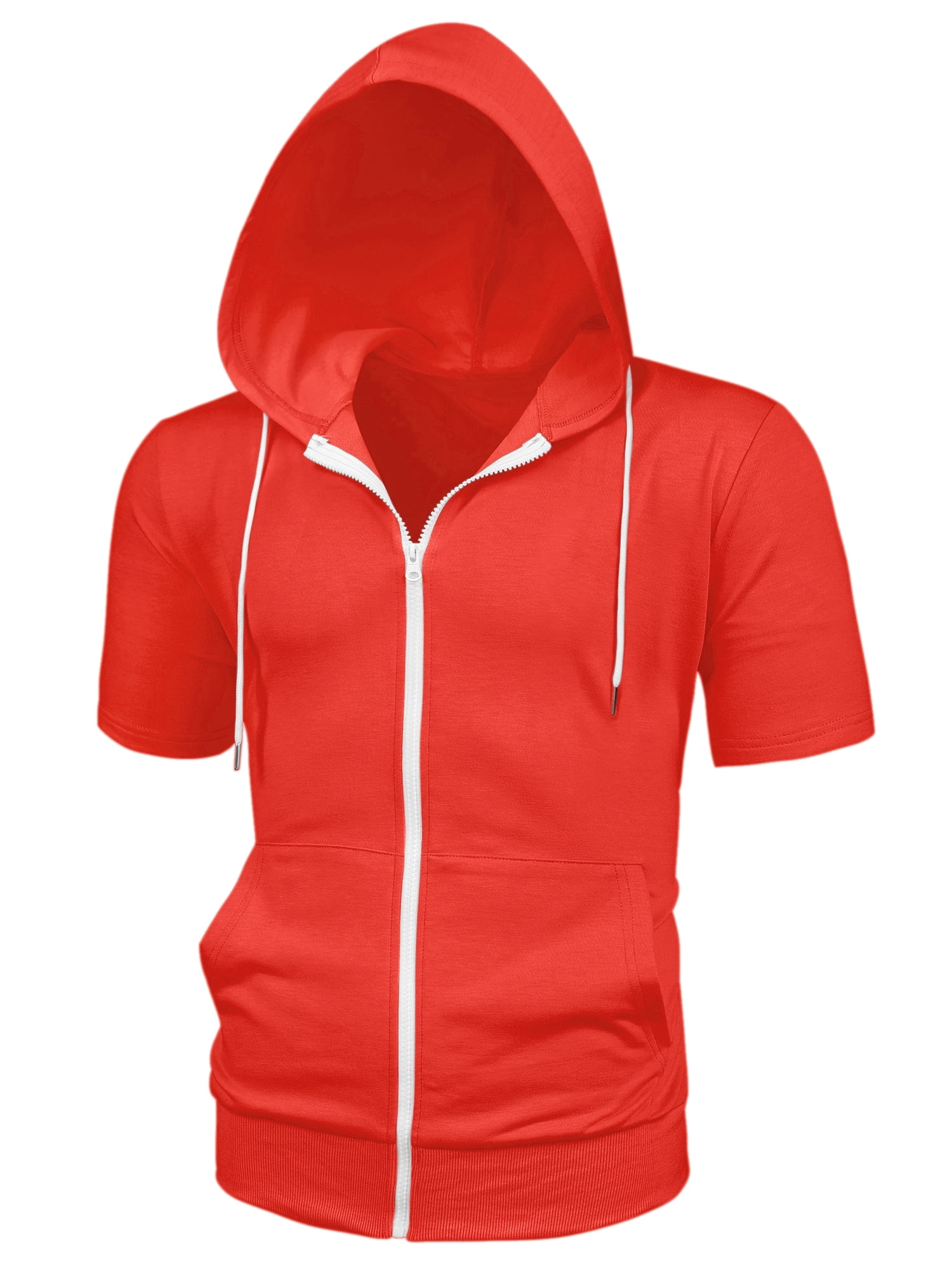 Unique Bargains Men's Short Sleeve Solid Color Zip Up Sport Hoodies L Bright Orange
