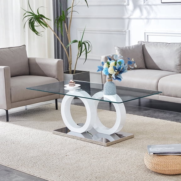 SUDICA Rectangle Coffee Table 47.2 Inch x 25.4 Inch Tempered Glass Top White MDF Base 1 Piece for Living Room