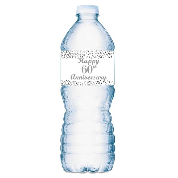 60th Anniversary Water Bottle Labels; Set of 25 Waterproof Wedding Anniversary Water Bottle Wrappers; Silver and White Stickers. Made in USA
