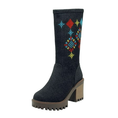 

Fsqjgq Mid Boots Women Mid Boots Autumn and Winter Fashion Embroidered Decoration Comfortable Round Toe Waterproof Platform Square Heel Above Knee Boots for Women Wide Black 38