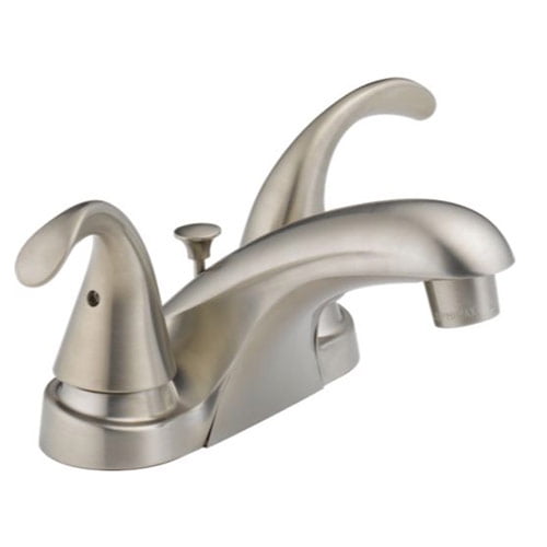 Lifetime Warrant Metallic Satin Nickel Plating Over ABS Plastic Lynden Bathroom Sink Faucet by Pacific Bay Features a Classically Arced Spout and Traditional Two-Lever Operation