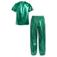 thumbnail image 2 of iixpin Kids Girls Metallic Jazz Dance Outfit Short Sleeve Sparkly T-shirt and Pants 2 Piece Hip Hop Dancewear Green 15-16, 2 of 7